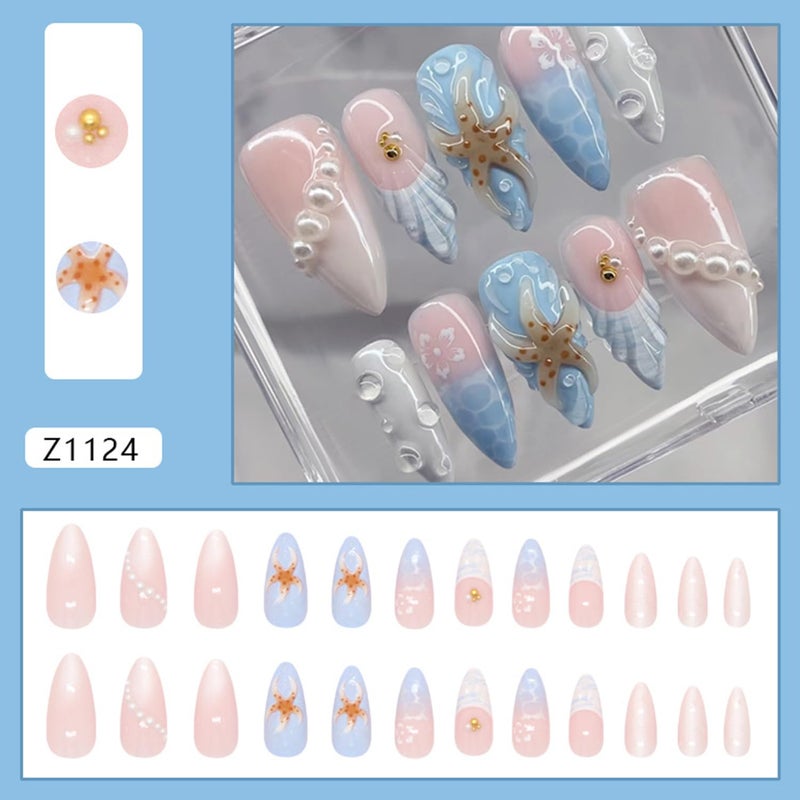 CJDLTS French Tip Ripple Press on Nails Medium Almond Artificial Acrylic Nail Gradient 3D Starfish Pearl with Flower Design Stick on Nails Full Cover Reusable Coffin Artificial Fingernails for Women - Image 3